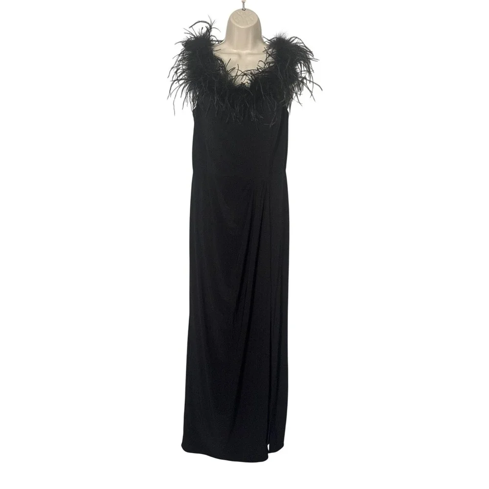 Alex Evenings Gianna Black Ostrich Feather Off The Shoulder Jersey Gown 12 NWT‎